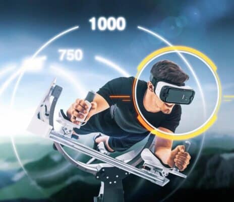 ICAROS Pro Commercial Virtual Reality Fitness Equipment - with a male model flying in a virtual world